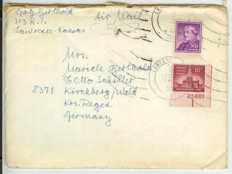 1963 Kansas to Germany Air Mail - 50ct with 10ct Liberty plate single issues