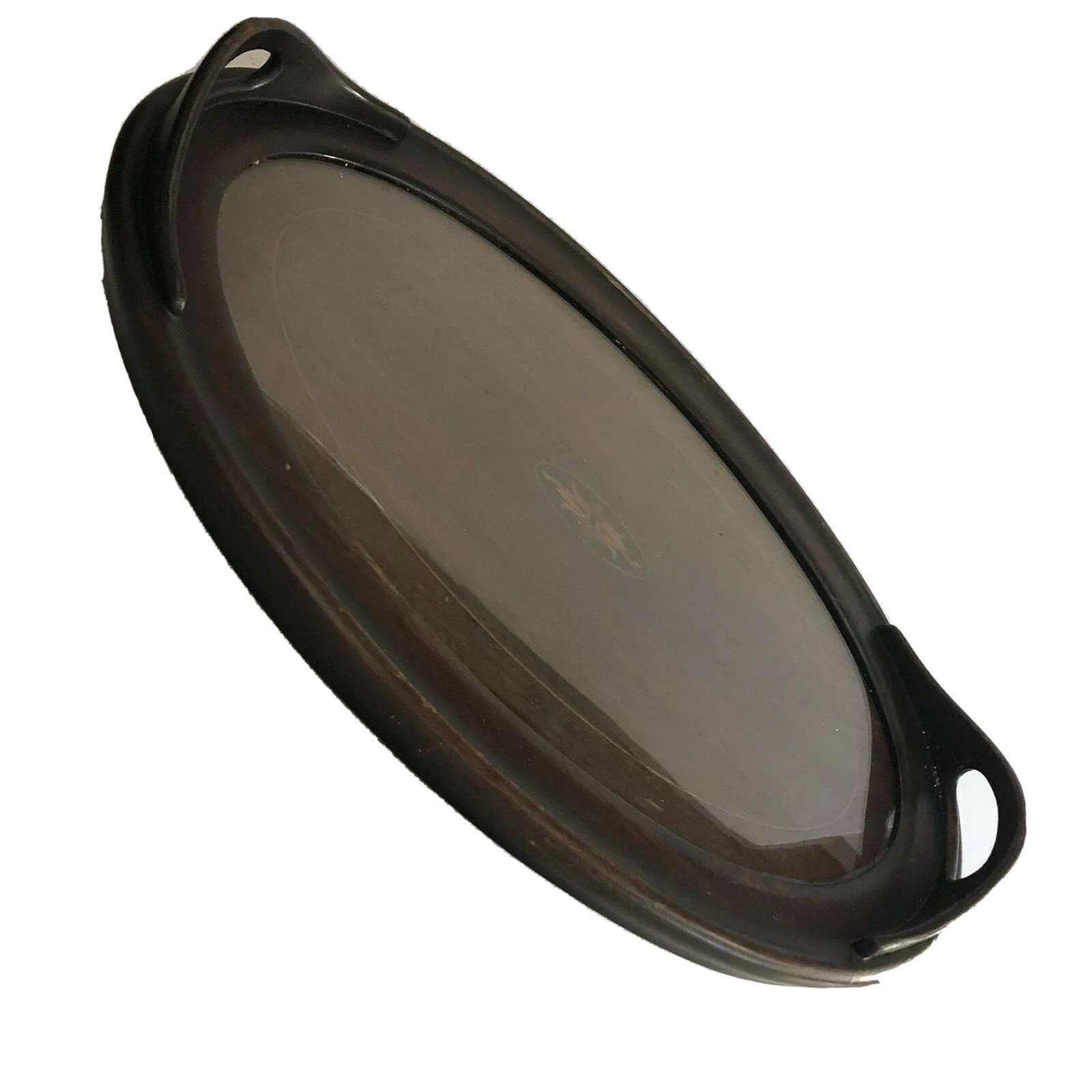 Oval Serving Tray Glass Top Inlaid Wood Wooden Handles 18 x 13 Vintage