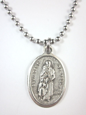 St Vincent de Paul Medal Pendant Necklace 24'' Ball Chain Gift Box & Prayer Card