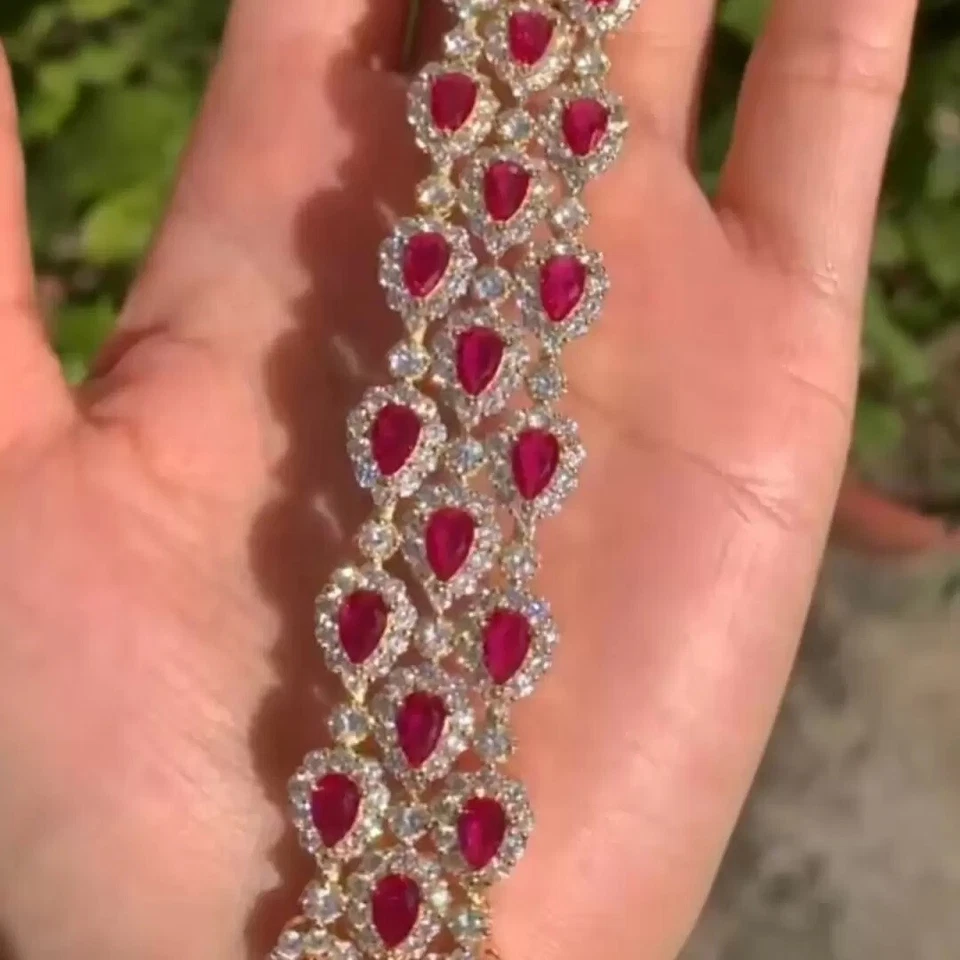 31 ctw Pear Cut Created Ruby & Diamond 14K Yellow Gold Plated Statement Bracelet - Image 2 of 4