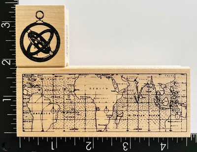 Club Scrap World Map And Gyroscope Compass Travel Rubber Stamp Set of 2