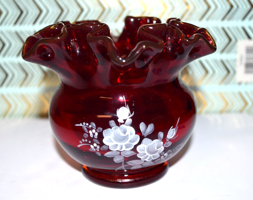 Fenton Glass Ruby Red Hand Painted w White Flowers Sgnd. B. Thoruton ...