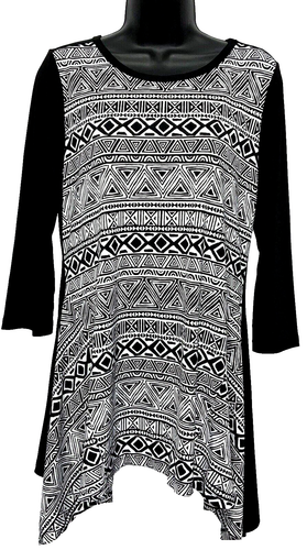 ECI Women's Size M Pullover 3/4 Sleeve Tunic Black/White Print Asymmetrical Hem