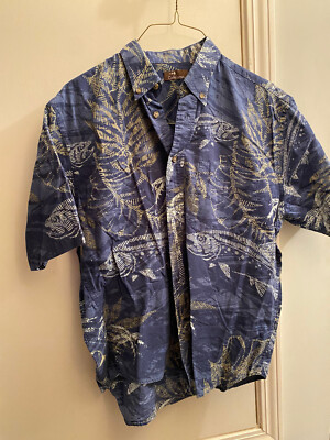 Cafe Luna Mens Short Sleeve Shirt Fish Blue Barely Worn XL  46/48  EUC