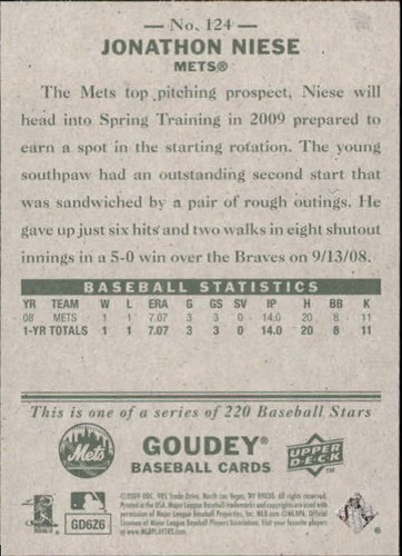2009 (METS) Upper Deck Goudey #124 Jonathon Niese Rookie Baseball Card - Picture 2 of 2