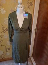Missguided Khaki Long Sleeve Wrap Tie Midi Dress Size 4 BNWT