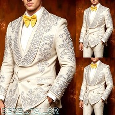 Luxury Diamond Beaded Men Suit Rhinestone Evening Tuxedos Wedding Groom Sets