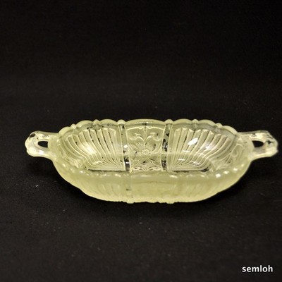 Handled Oval Bowl Frosted Satin Yellow Topaz Floral Cross Molded Scallops Ridges