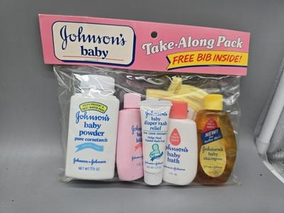 Johnsons's Baby Take-Along Pack 1992 Powder Bath Shampoo Lotion Rash Cream Bib