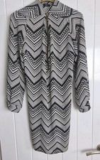 F&F Womens Black White Geometric Print Zip Front Shirt Dress Size 10 Office Wear