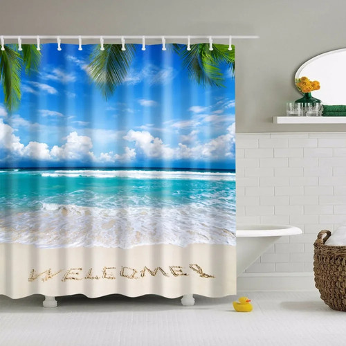 Duschvorhang Strand Muscheln Seestern Palmen Sonnenuntergang Badezimmer - Bild 6 von 12