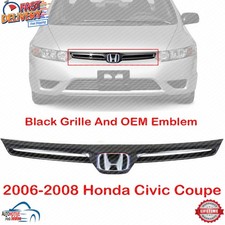 New Front Black Grille And Grille H Emblem Set 2pc For 2006-2008 Honda Civic