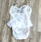 Vintage Delicates White Satin Lace Teddy Lingerie Womens M High Cut Leg USA