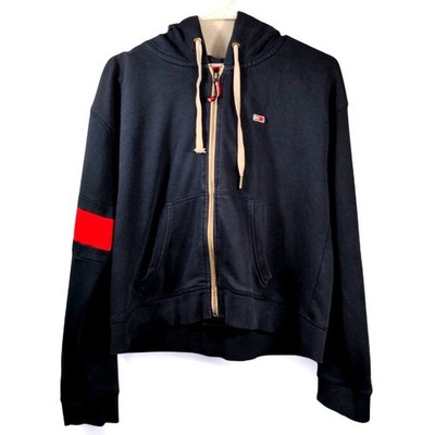 Tommy Jeans Navy Blue Full Zip Hoodie L Mens Retro 90s Style Flag Logo Stripe