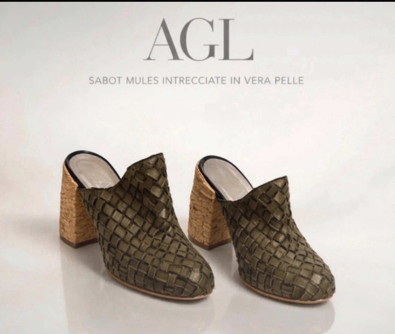 AGL Mule sabot donna pelle intrecciata verde/beige tacco blocchetto EU 38,5