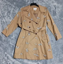 Charter Club Trench Coat Womens Petite Large PL Tan Floral Embroidered Belted