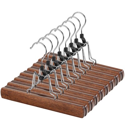12 Pack Walnut Wooden Pants Hangers with Non Slip Grip for Skirts and Trousers