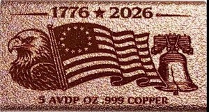 USA 250 Legacy Of Liberty 5oz Copper Bar Flag COA Limited mintage of 1776