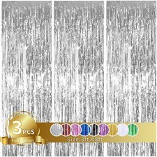 3 PCS 3.2x8ft Silver Metallic Tinsel Foil Fringe Curtains Photo Backdrop