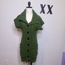Vintage Y2K Green Chunky Knit Cardigan Dress Button Up Indie Grunge Fairy P S