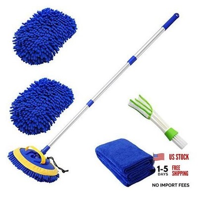 2 in 1 Microfiber Car Wash Mop Mitt with 45'' Aluminum Alloy Long Blue