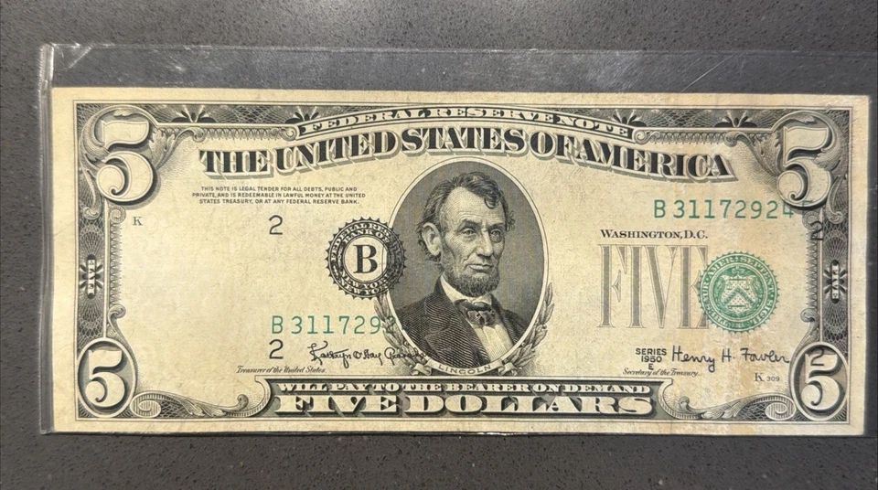 CRAZY FIVE DOLLAR BILL MISPRINT with MAJOR PRINT ERROR 1950 Series E, see photos - Image 4 of 4