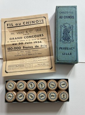 Antike französische Fil au Chinois Fadenspule Set 1934 VRAU Lille Kurzwaren Box