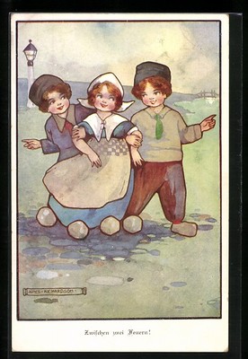 Künstler-AK Agnes Richardson: Kleine Holländerin zwischen zwei Feuern 