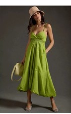 Anthropologie Women’s Green V-Neck Tiered Midi Dress Size M Bubble Hem Boho 