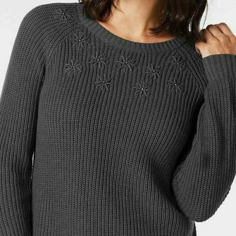 Karen Scott Womens Size Small Charcoal Gray Stud Daisy Embroidered