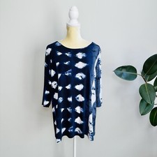 Clara Sun Woo Tunic Top Blue White Printed Slinky Blouse Made in USA Size M