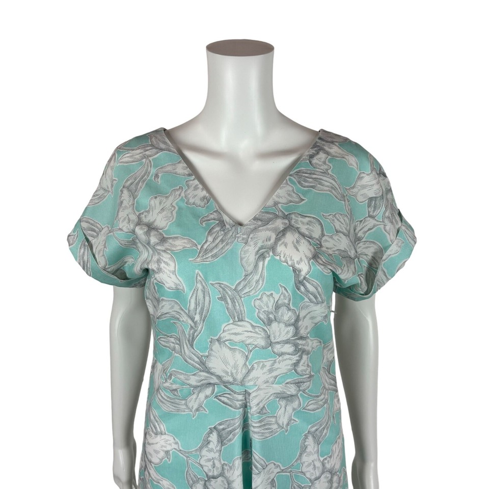 Vintage 80s Aqua Dress Women's Medium Floral Print 50s Tropical Style
