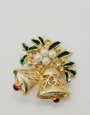 Christmas Bell Brooch Pin Enamel Gold Tone Faux Pearl Vintage 1.5 in