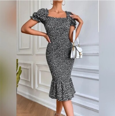 Pretty Garden Women's Bodycon Midi Smocked Short Sleve Black Floral Dress L  | eBay