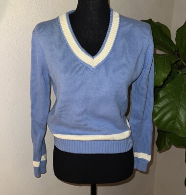 Brandy Melville Teen s 100% Cotton V-Neck Blue White Sweater Jumper Size XS
