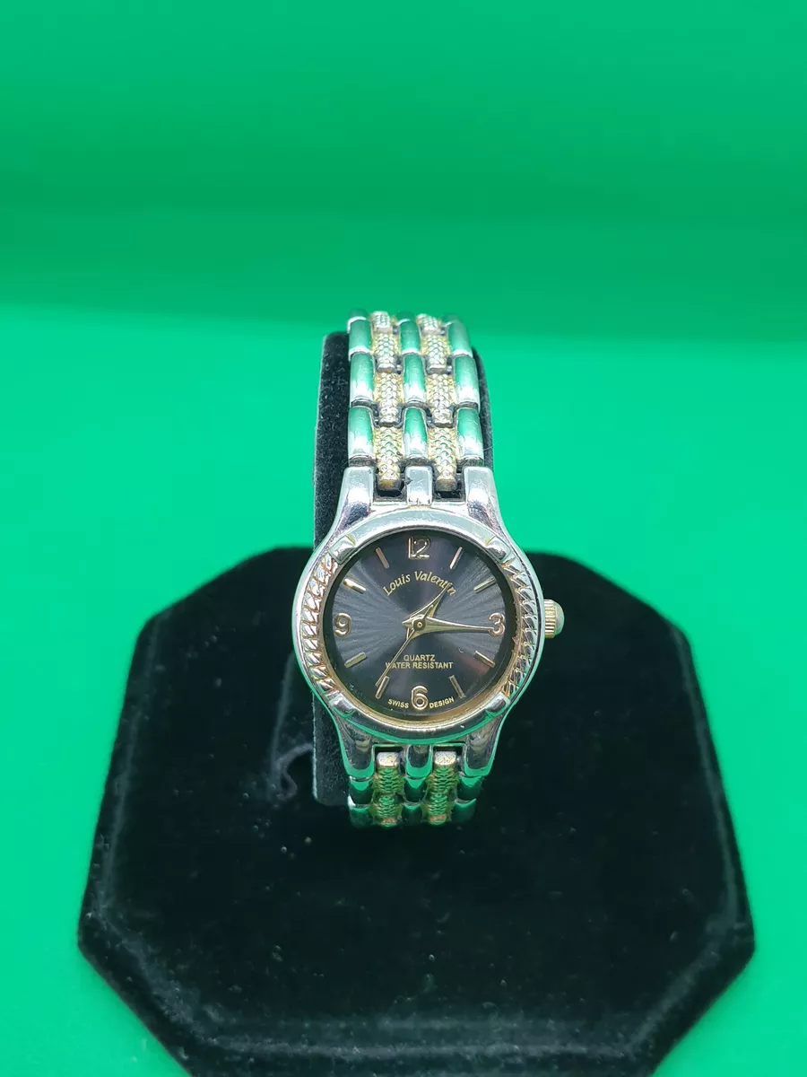 ladies louis valentin silver tone bracelet watch black face gold hands. 133
