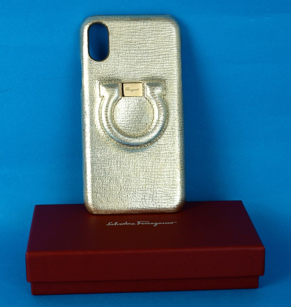 Auth SALVATORE FERRAGAMO Gancini iPhone X Case Oro Mekon Leather