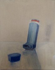 Still Life Oil Painting of a Blue Asthma Ventalin Inhaler on a Linen Canvas