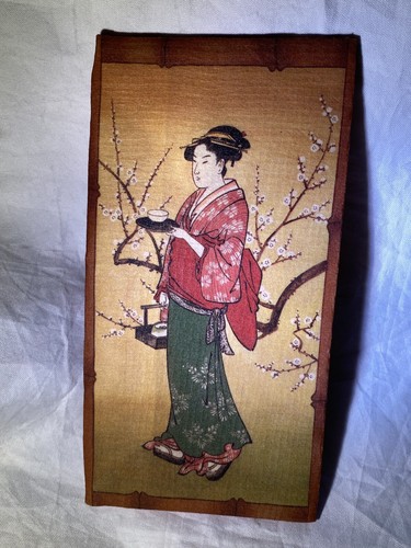 Billetera de seda japonesa plegable marrón rojo floral geisha - Imagen 6 de 12