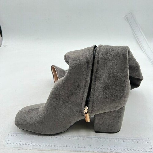 Grey Women Over The Knee High Boots Square Toe Low Chunky Heels Side Zipper Shoe