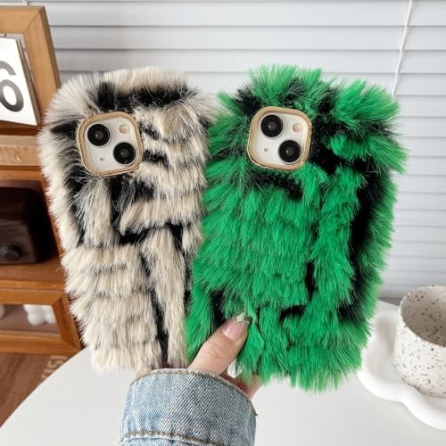 for iPhone 11 Case,Fluffy Fuzzy Furry Warm Plush Stripe Pattern Phone Case (Whit - Picture 3 of 6