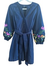 Talbots Blue Embroidered Sleeve Woman’s Shirtdress Medium Petite Belt Band Neck
