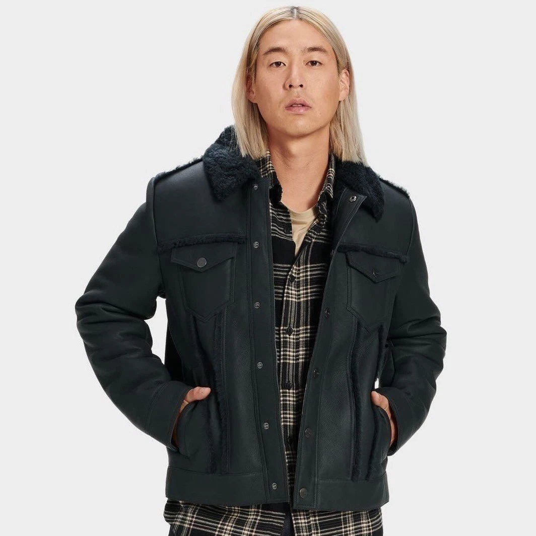 UGG Clint Men's Black Suede Lambskin Leather Shearling Trucker Jacket Coat M - product detail image 2