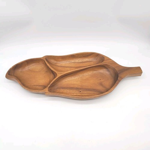 Vintage Alii Woods Leaf Shaped Monkeypod Dish 3 Compartments Hawaii - Picture 2 of 6