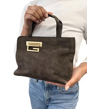 GUCCI Vintage G Square Logo Suede Mini Top Handle Bag Handbag Brown Gold