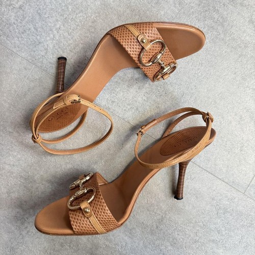 GUCCI Horsebit Leather Sandals size 35.5 Brown Ankle Strap Hight Heel Open Toe - Imagen 4 de 24