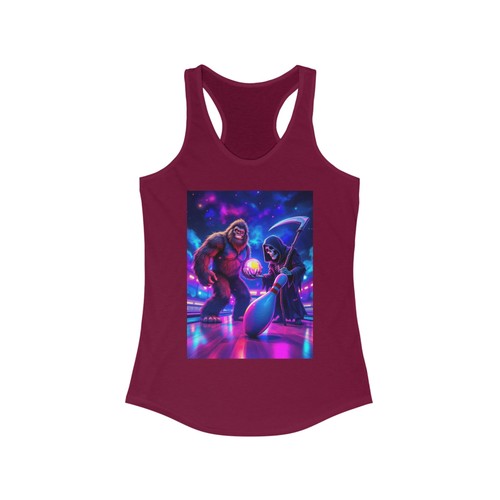 Bigfoot and Grim Reaper Bowling Women's Ideal Racerback Tank Top Fun Graphic Tee - Picture 2 of 9