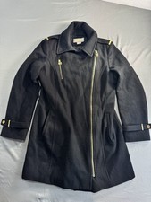 Michael Kors Black Wool Trench Coat Collar Zipper Women  s Size 10 Gold Accents