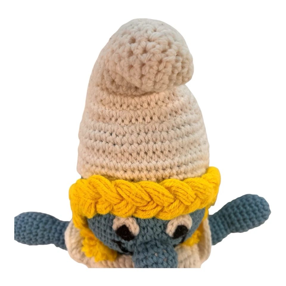 Handcrafted Smurfette Crochet Doll Yellow Braided Hair White Dress Blue Body 17" - Image 3 of 4