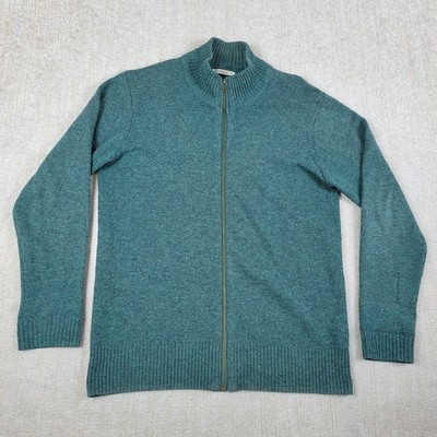 WoolOvers Sweater Mens Medium Green 100% Lambswool Full Zip Cable Knit Cozy